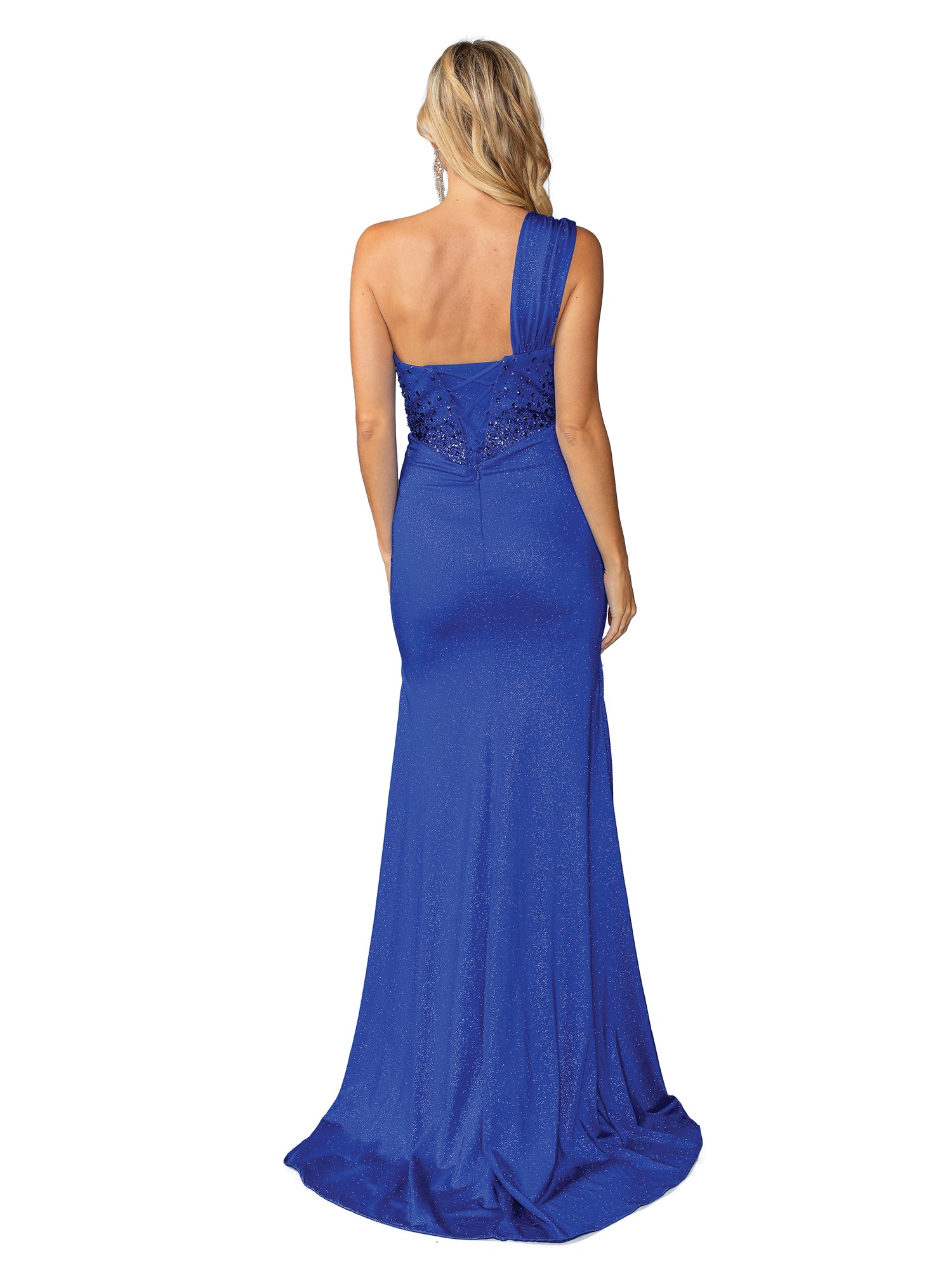 A blonde woman poses with her back to the camera in the One-Shoulder Long Prom Dress: Dancing Queen 4415, showcasing its royal blue hue and elegant lace back detailing.